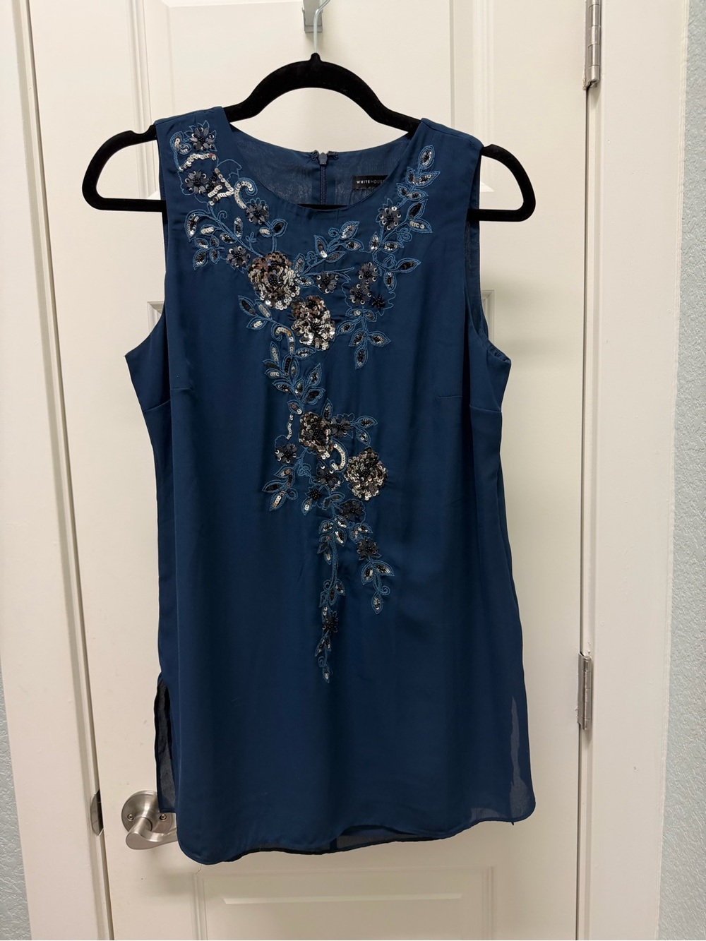 White House Black Market Navy Blue Embellished Floral Sleeveless Top